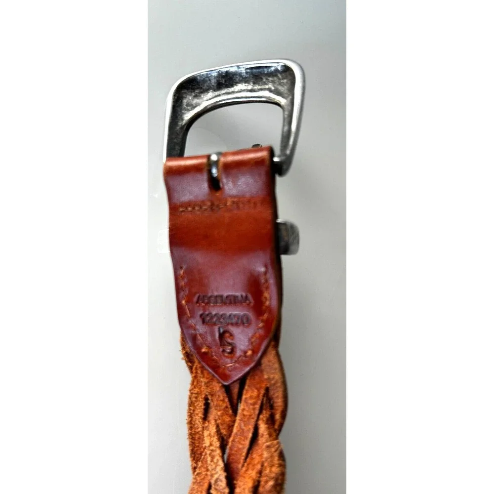 Braided Leather Belt Etched Silver Plate Buckle Made in Argentina Brown S